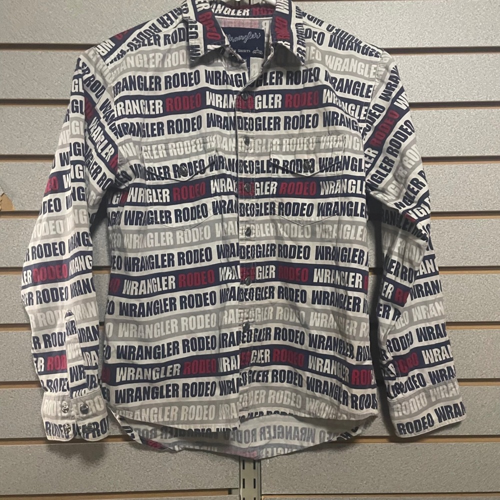 Wrangler Kids Western‎ Rodeo Shirt Long Sleeve Snap Front Logo Print L 10-12